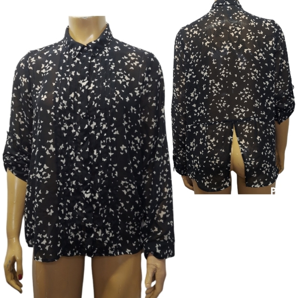 Lauren Conrad Pintuck Semi Sheer Butterfly Button Blouse